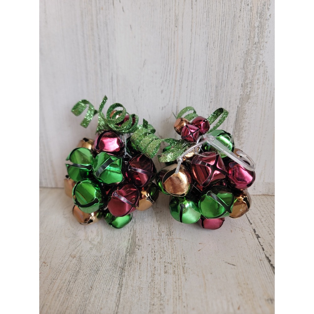 Vintage red green bell set metal ribbon ornament Xmas home decor glitter